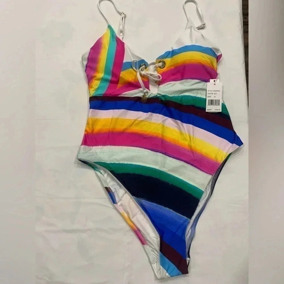 SUNSHINE 79 Rainbow Plunging V - Neck Mai One Piece Swimsuit Size 14 - Picture 3 of 6